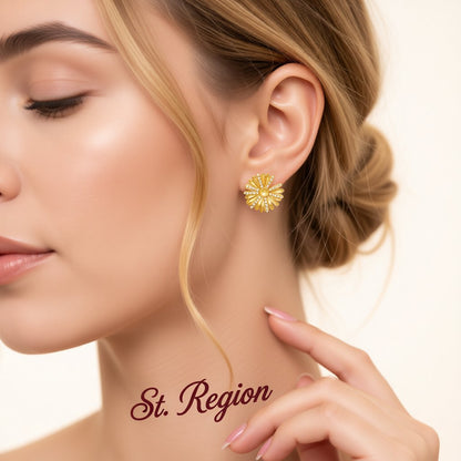 Cubic Zirconia and 18K Gold-Plated Sunflower Stud Earrings, gold stud earrings for women, botanical inspired, styled look