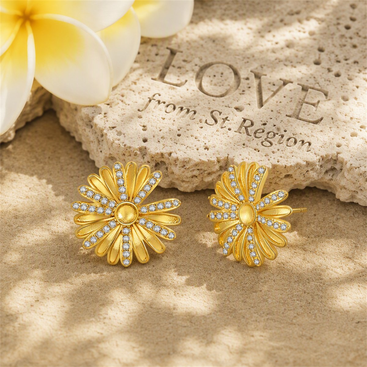 Cubic Zirconia and 18K Gold-Plated Sunflower Stud Earrings, gold stud earrings for women, botanical inspired, lifestyle look