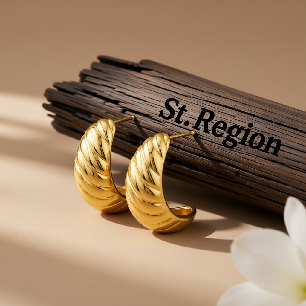 18K Gold-Plated Twisted Huggie Earrings, gold huggie earrings, vintage-inspired design, front view