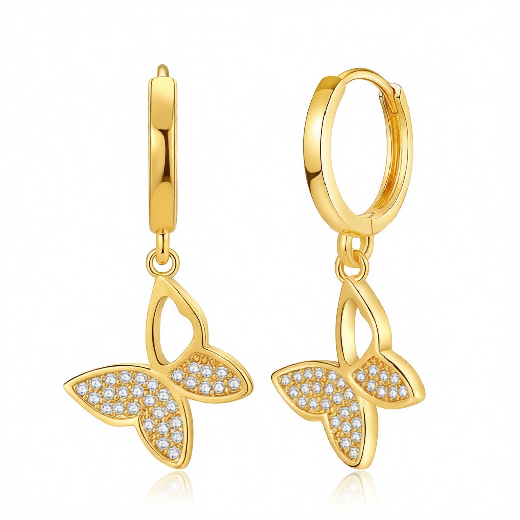 Cubic Zirconia and 18K Gold-Plated Butterfly Huggie Earrings, gold huggie earrings, elegant gift for her, side view