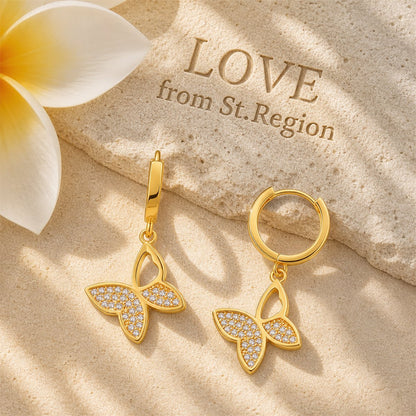 Cubic Zirconia and 18K Gold-Plated Butterfly Huggie Earrings, gold huggie earrings, elegant gift for her, lifestyle look