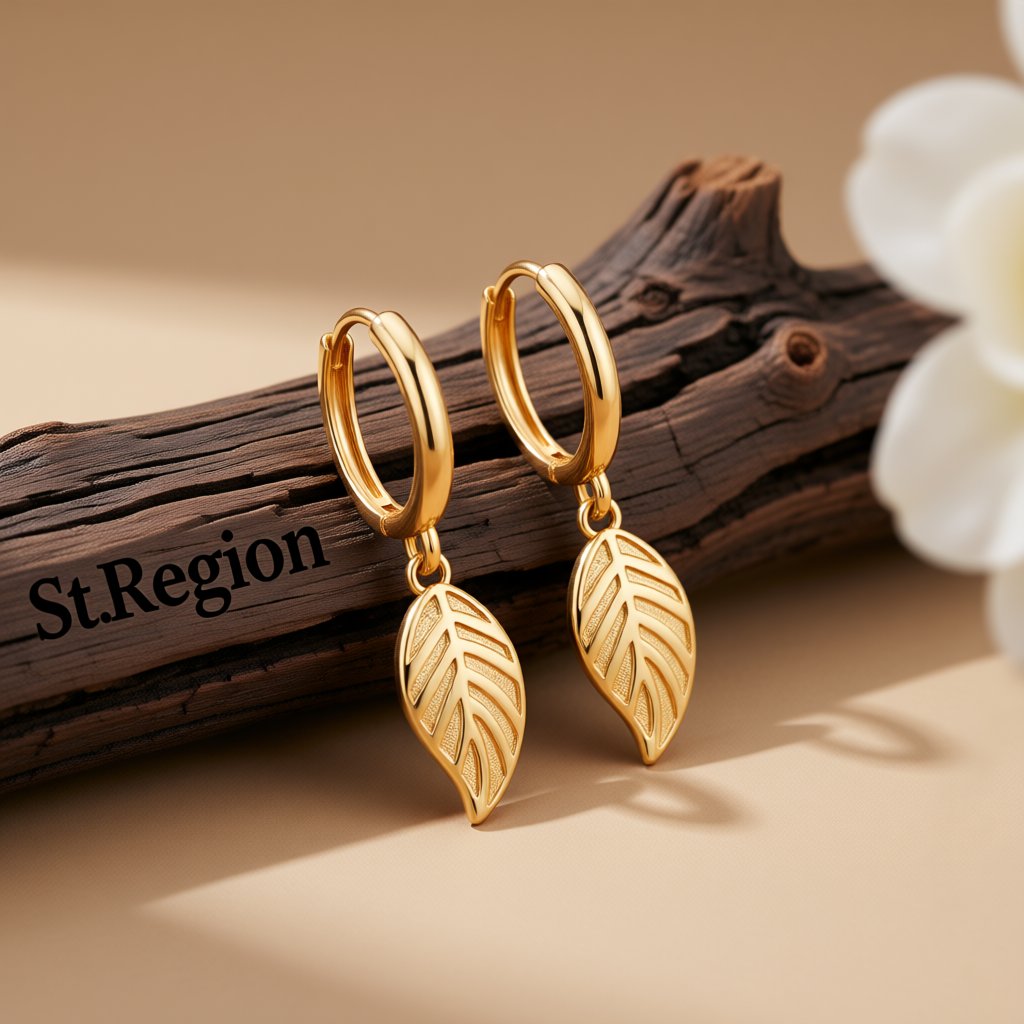 18K Gold-Plated Leaf Huggie Earrings, gold huggie earrings, dainty minimalist design, front view