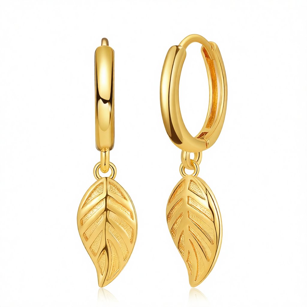18K Gold-Plated Leaf Huggie Earrings, gold huggie earrings, dainty minimalist design, side view