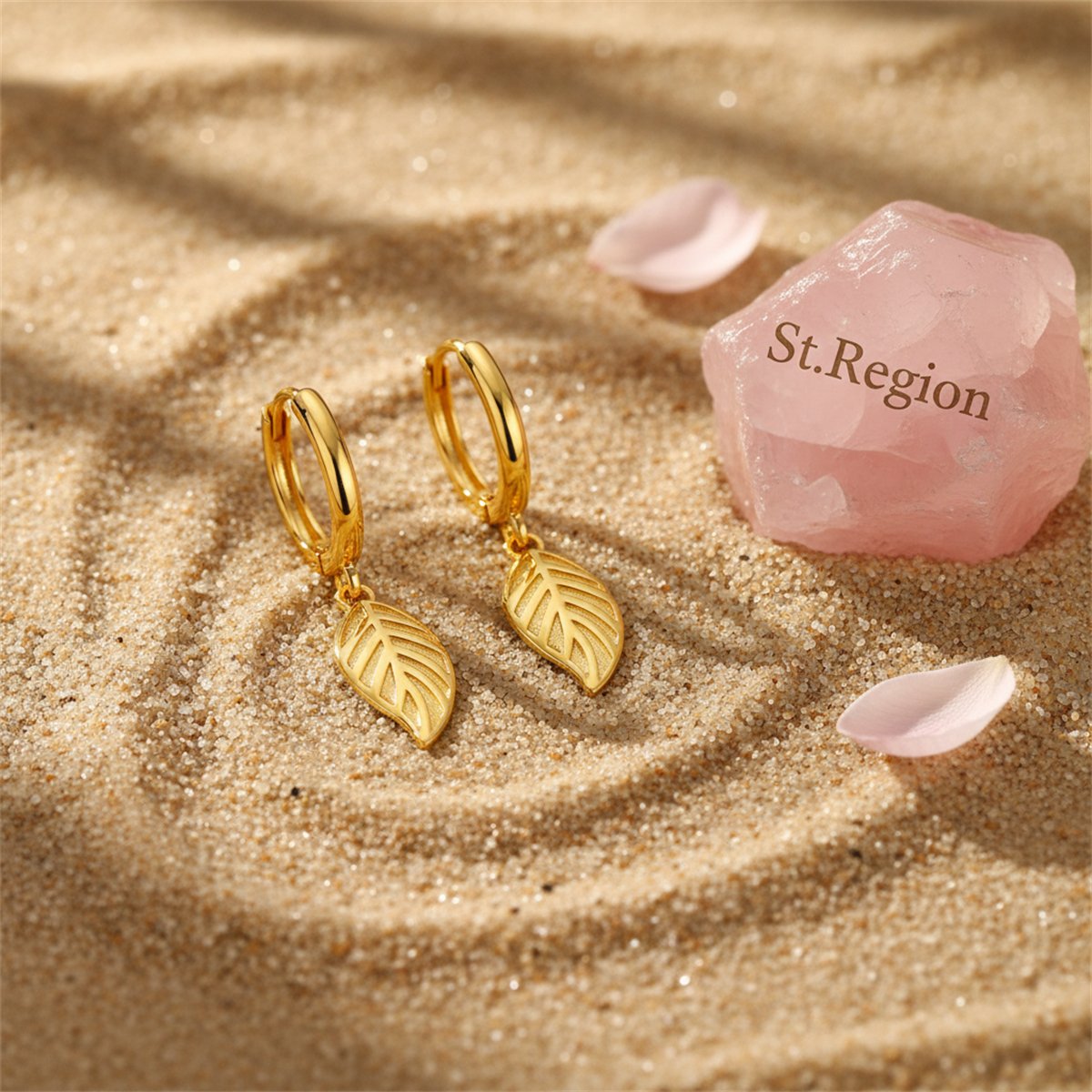 18K Gold-Plated Leaf Huggie Earrings, gold huggie earrings, dainty minimalist design, detail close-up