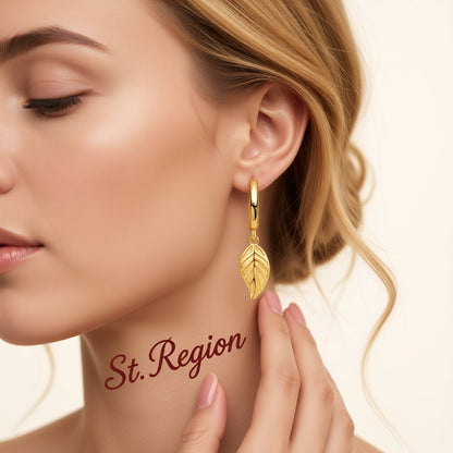 18K Gold-Plated Leaf Huggie Earrings, gold huggie earrings, dainty minimalist design, styled look