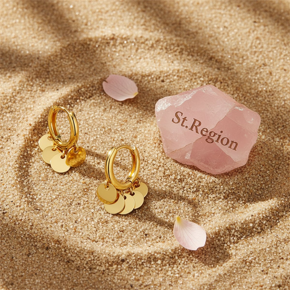 18K Gold-Plated Disc Tassel Huggie Earrings, gold huggie earrings, vintage-inspired design, detail close-up