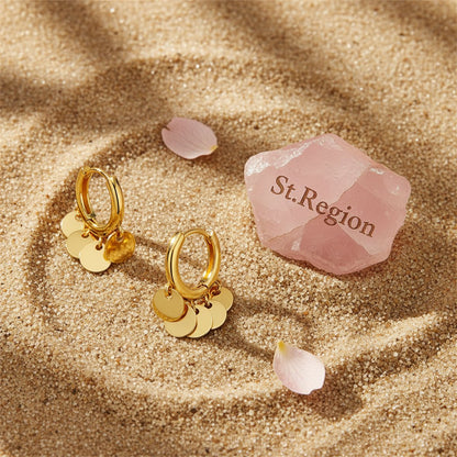 18K Gold-Plated Disc Tassel Huggie Earrings, gold huggie earrings, vintage-inspired design, detail close-up