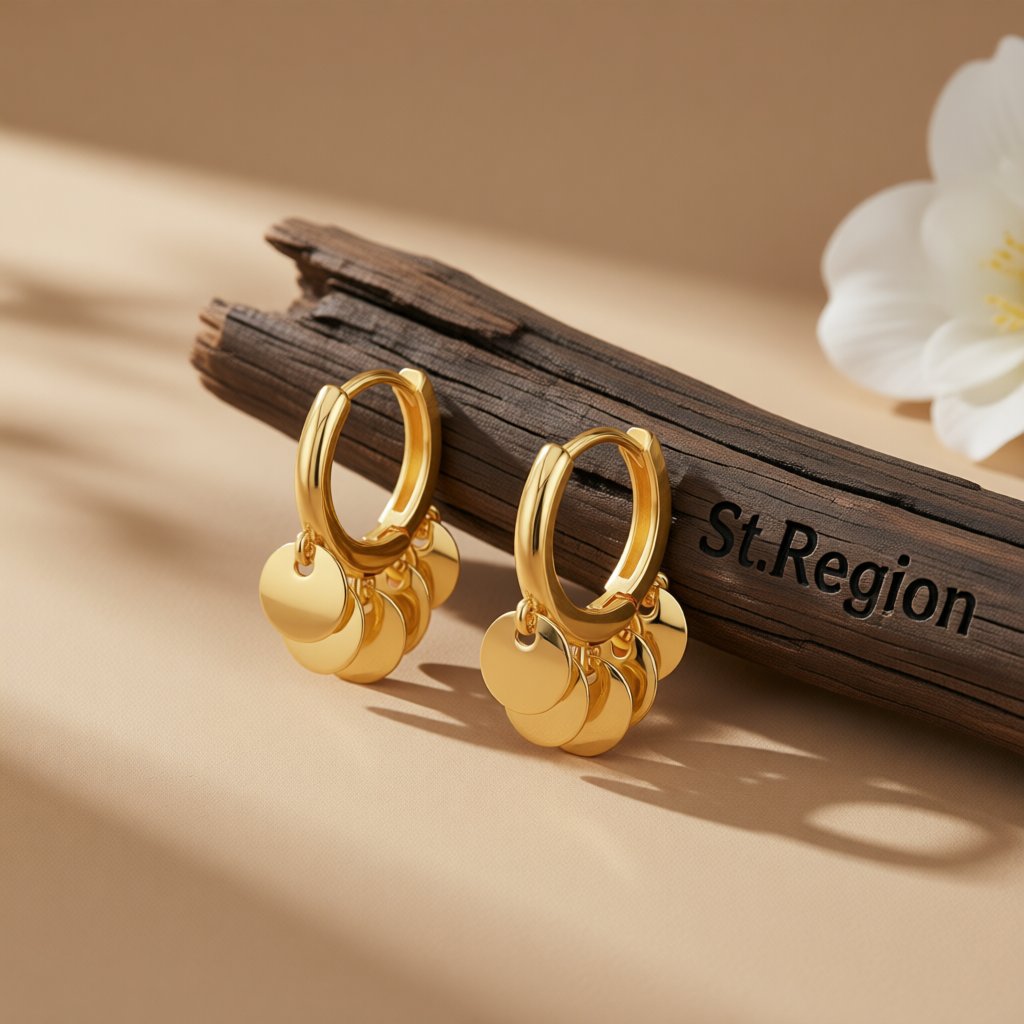 18K Gold-Plated Disc Tassel Huggie Earrings, gold huggie earrings, vintage-inspired design, front view