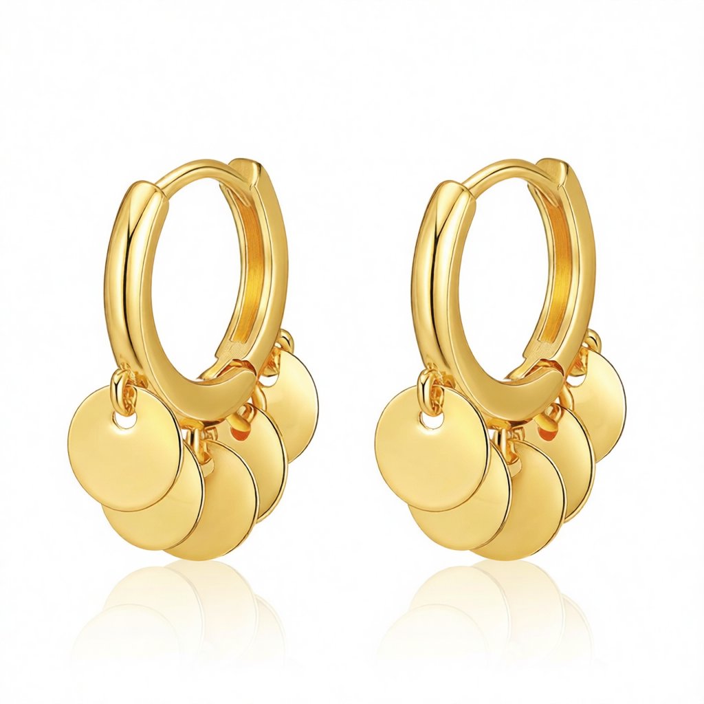 18K Gold-Plated Disc Tassel Huggie Earrings, gold huggie earrings, vintage-inspired design, side view