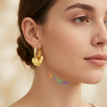 18K Gold-Plated Disc Tassel Huggie Earrings, gold huggie earrings, vintage-inspired design, styled look