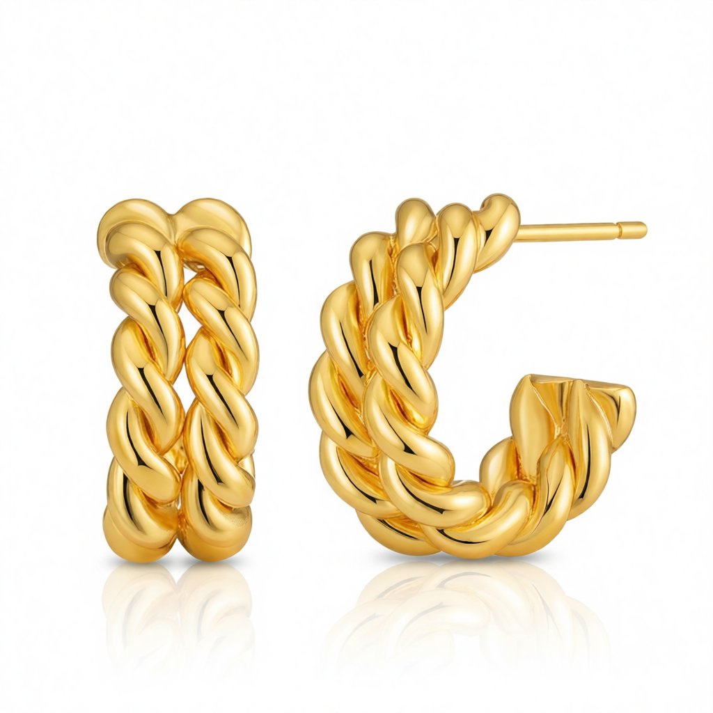 18K Gold-Plated Stacked Twine Stud Earrings, gold huggie earrings, everyday style, side view