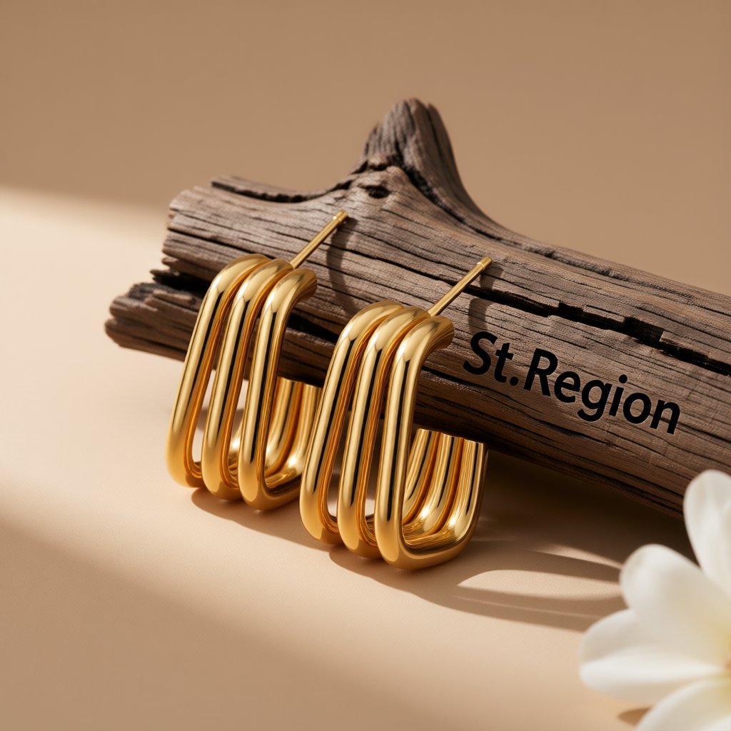 18K Gold-Plated Tri-Layered Square Stud Earrings, gold huggie earrings, botanical inspired, front view