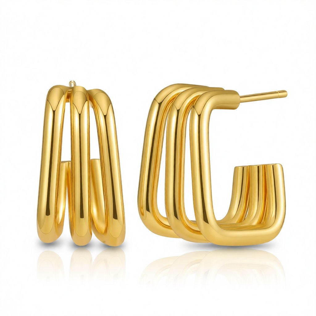 18K Gold-Plated Tri-Layered Square Stud Earrings, gold huggie earrings, botanical inspired, side view