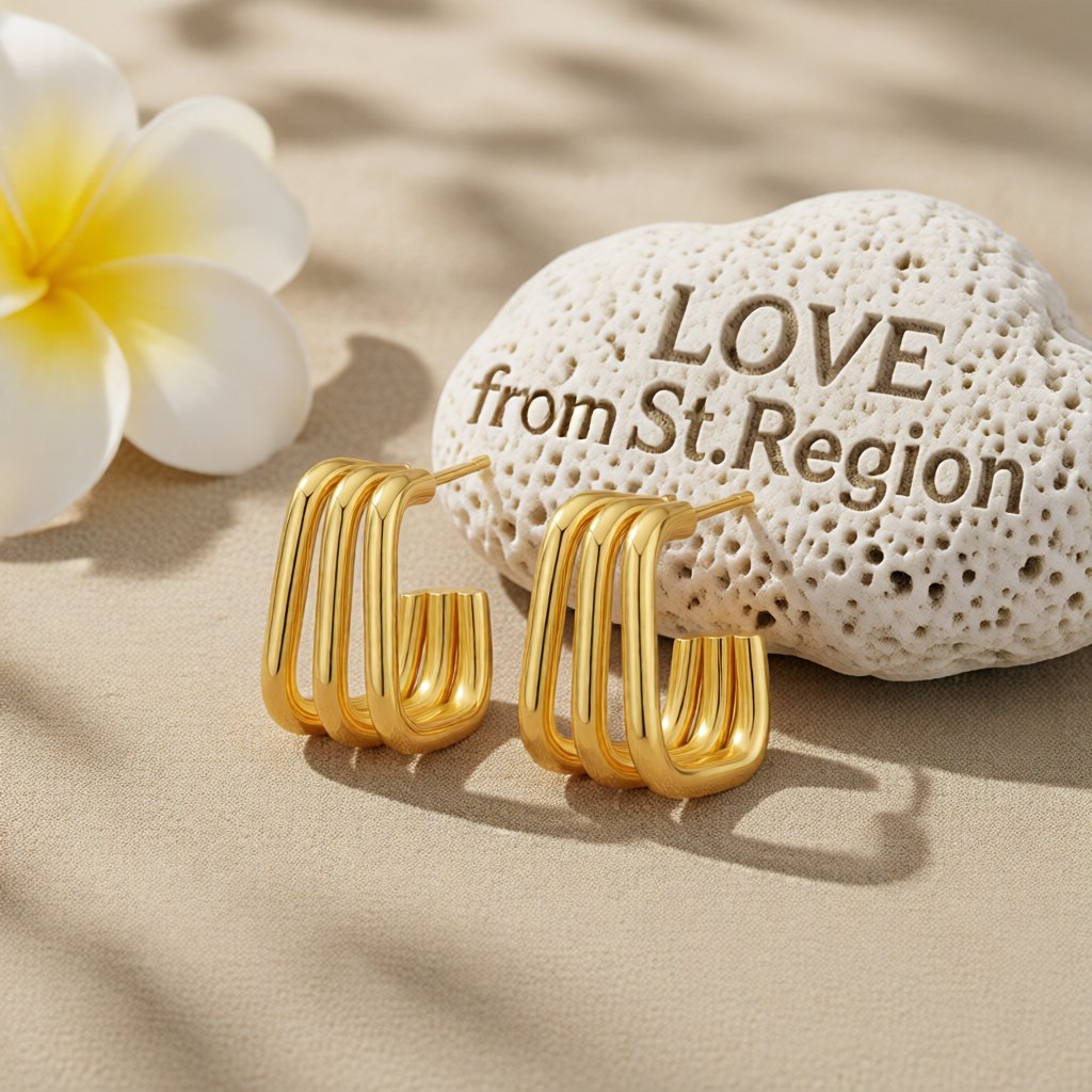 18K Gold-Plated Tri-Layered Square Stud Earrings, gold huggie earrings, botanical inspired, lifestyle look