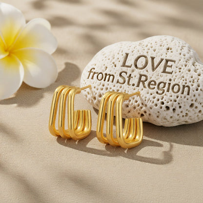 18K Gold-Plated Tri-Layered Square Stud Earrings, gold huggie earrings, botanical inspired, lifestyle look