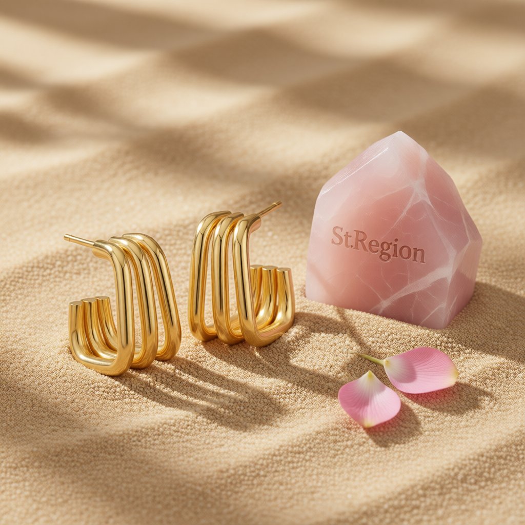 18K Gold-Plated Tri-Layered Square Stud Earrings, gold huggie earrings, botanical inspired, detail close-up