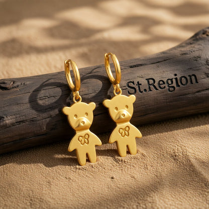 18K Gold-Plated Bear Huggie Earrings, gold huggie earrings, elegant gift for her, front view