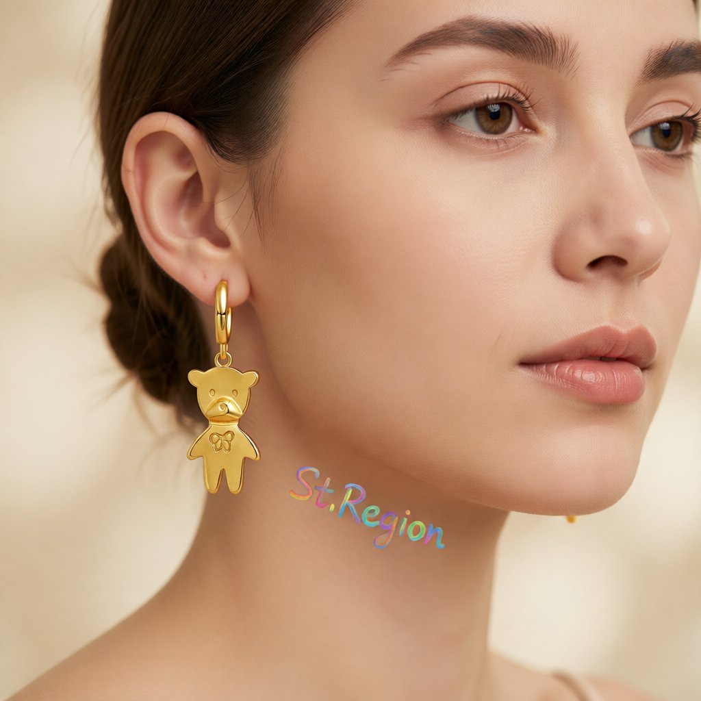 18K Gold-Plated Bear Huggie Earrings, gold huggie earrings, elegant gift for her, styled look