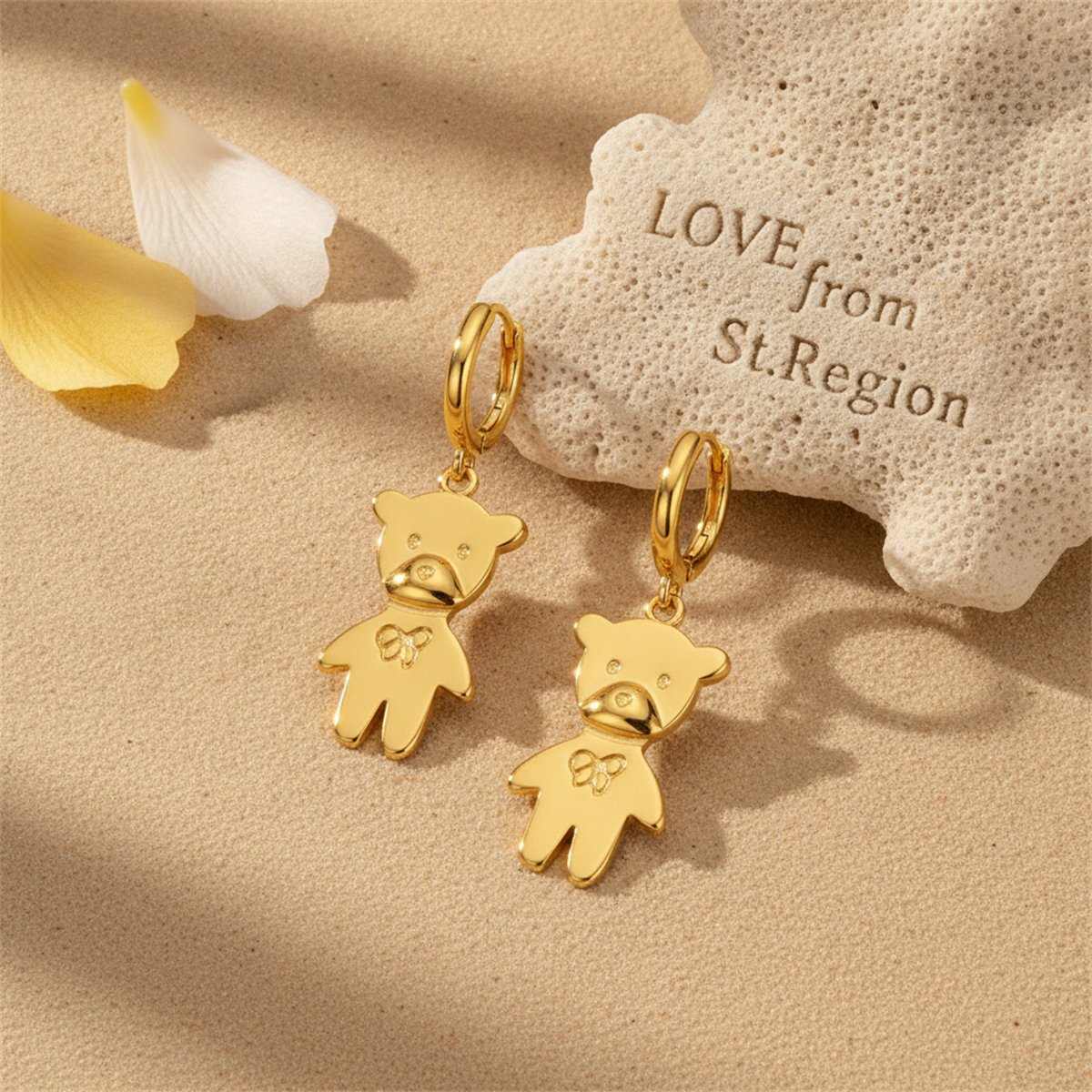 18K Gold-Plated Bear Huggie Earrings, gold huggie earrings, elegant gift for her, lifestyle look