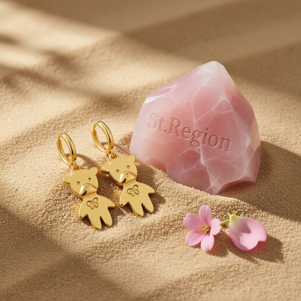 18K Gold-Plated Bear Huggie Earrings, gold huggie earrings, elegant gift for her, detail close-up