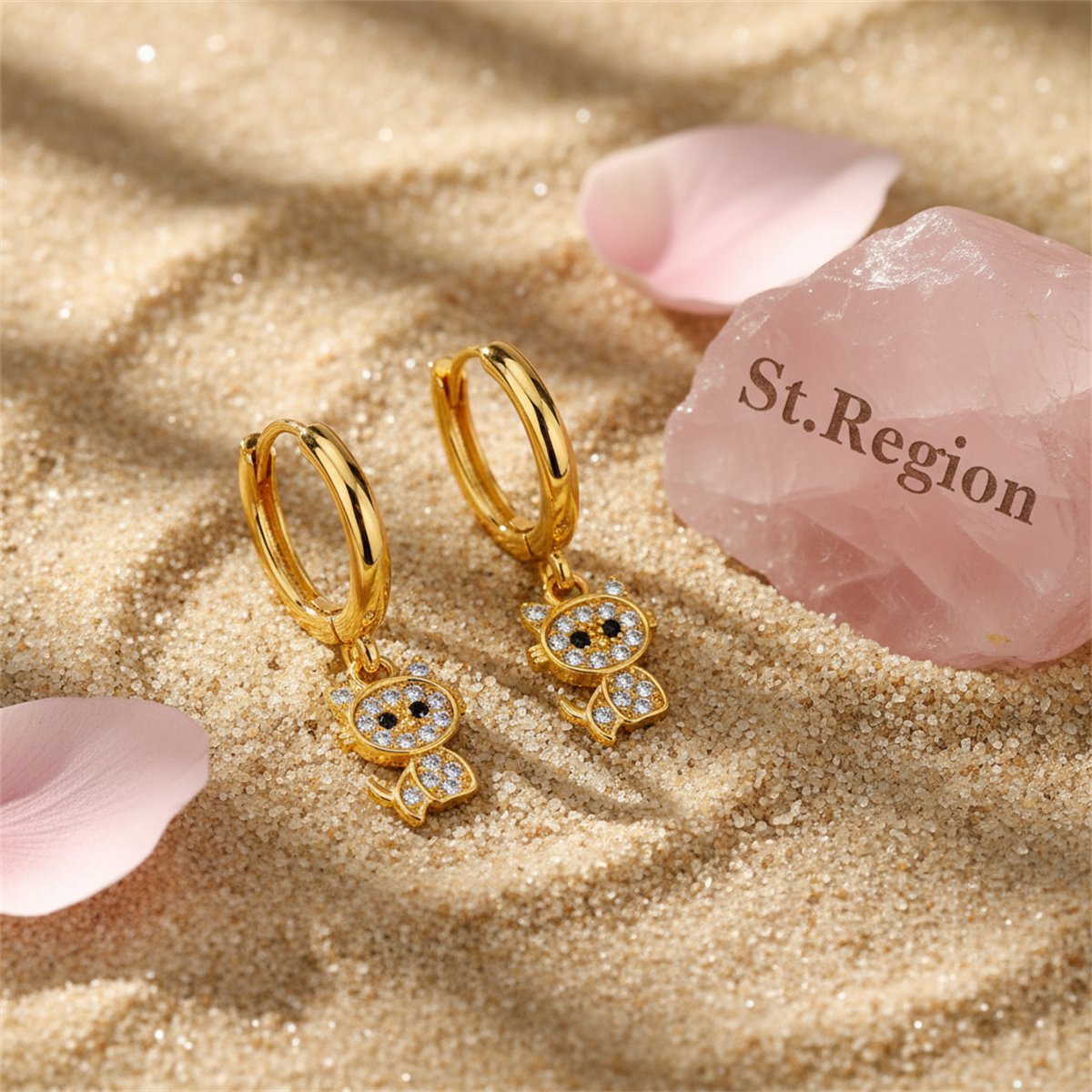 Cubic Zirconia and 18K Gold-Plated Kitty Huggie Earrings, gold huggie earrings, botanical inspired, detail close-up