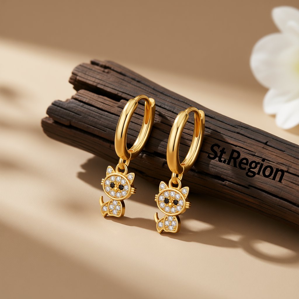 Cubic Zirconia and 18K Gold-Plated Kitty Huggie Earrings, gold huggie earrings, botanical inspired, front view