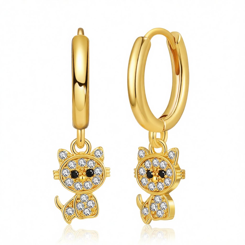 Cubic Zirconia and 18K Gold-Plated Kitty Huggie Earrings, gold huggie earrings, botanical inspired, side view