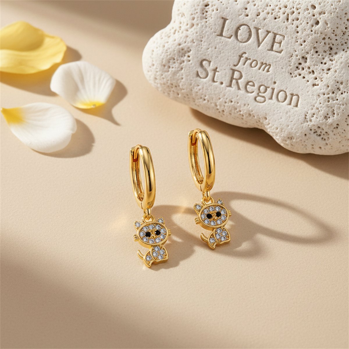 Cubic Zirconia and 18K Gold-Plated Kitty Huggie Earrings, gold huggie earrings, botanical inspired, lifestyle look