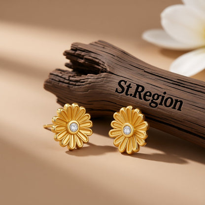 Cubic Zirconia and 18K Gold-Plated Daisy Stud Earrings, gold stud earrings for women, elegant gift for her, front view