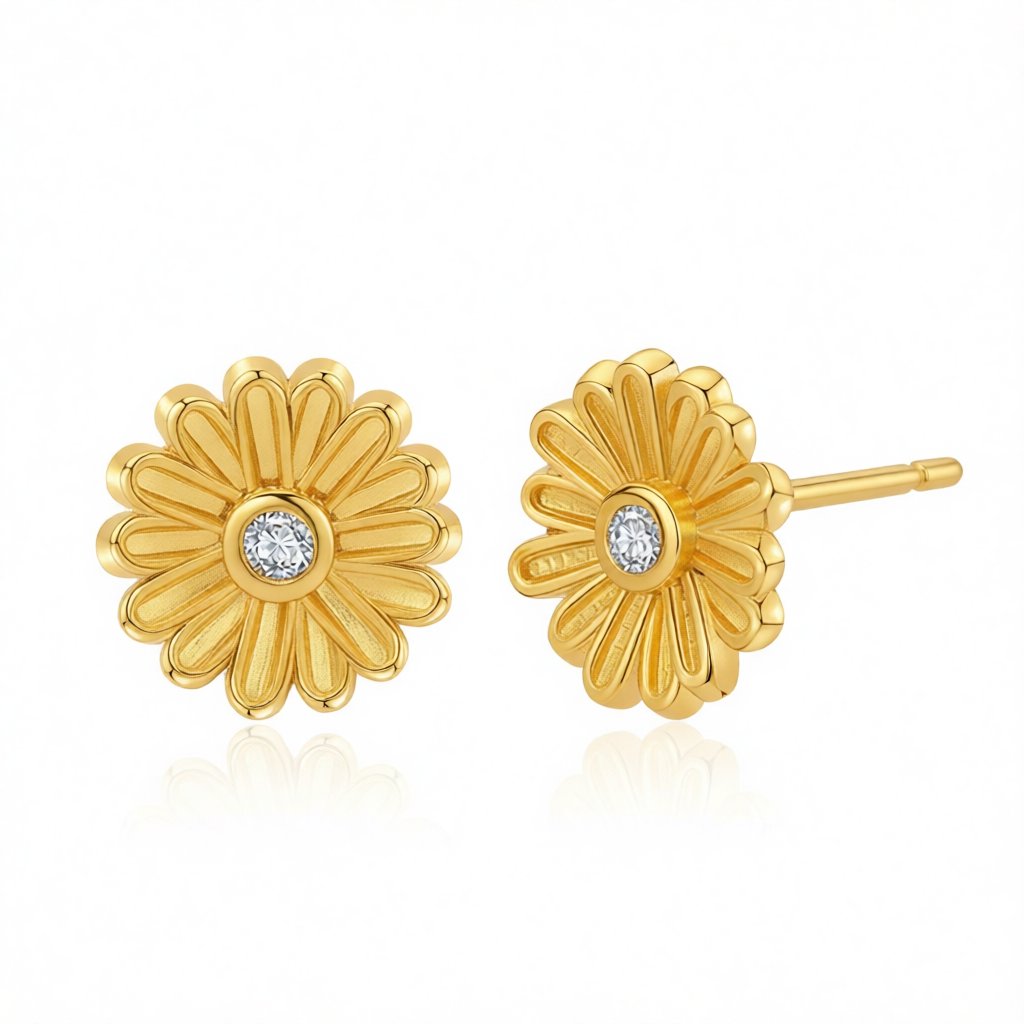 Cubic Zirconia and 18K Gold-Plated Daisy Stud Earrings, gold stud earrings for women, elegant gift for her, side view