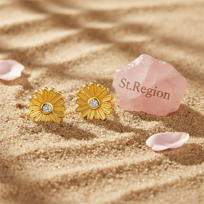 Cubic Zirconia and 18K Gold-Plated Daisy Stud Earrings, gold stud earrings for women, elegant gift for her, detail close-up
