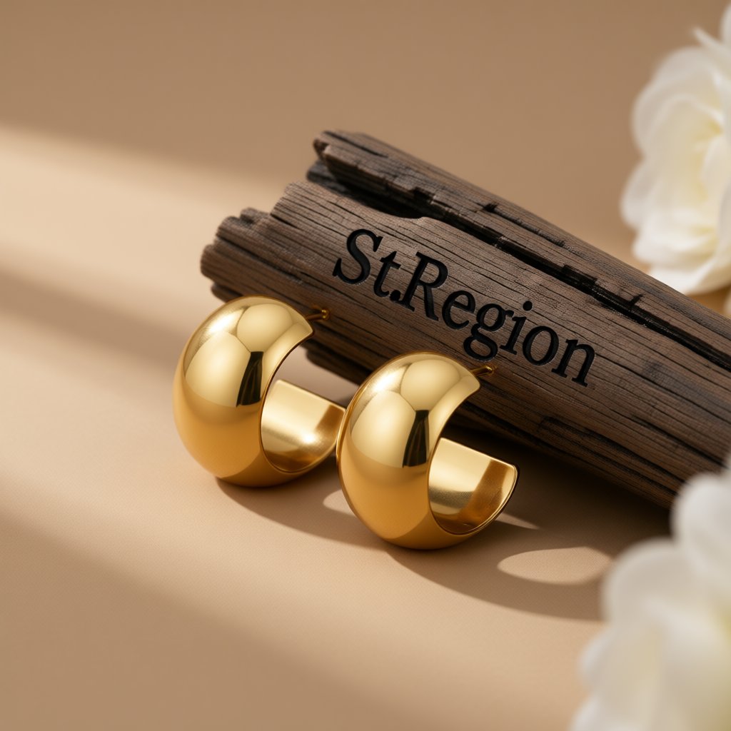 18K Gold-Plated Wide Brimmed Stud Earring, gold huggie earrings, everyday style, front view