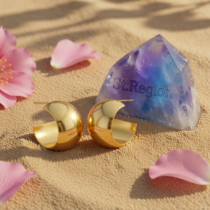 18K Gold-Plated Wide Brimmed Stud Earring, gold huggie earrings, everyday style, detail close-up