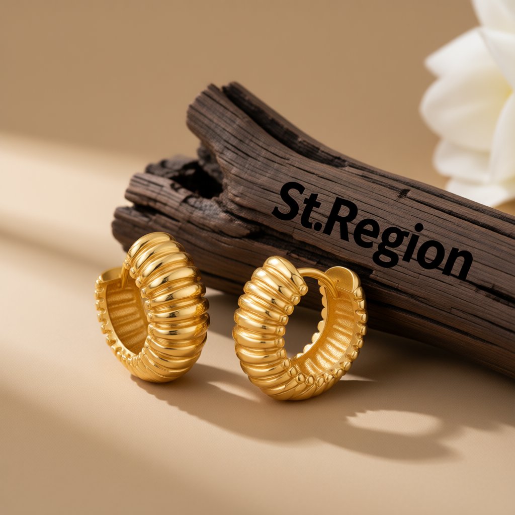 18K Gold-Plated Ribbed Huggie Earrings, gold huggie earrings, elegant gift for her, front view