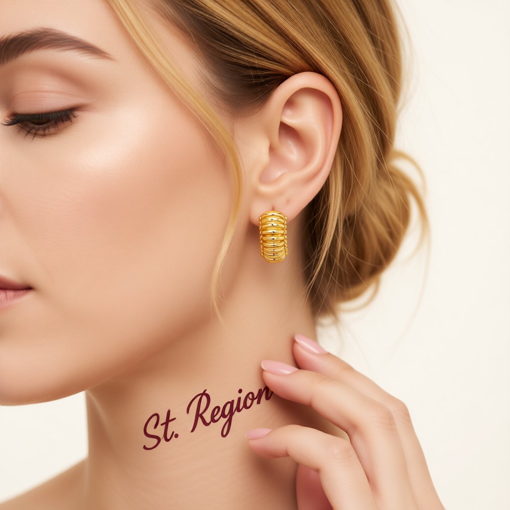 18K Gold-Plated Ribbed Huggie Earrings, gold huggie earrings, elegant gift for her, styled look