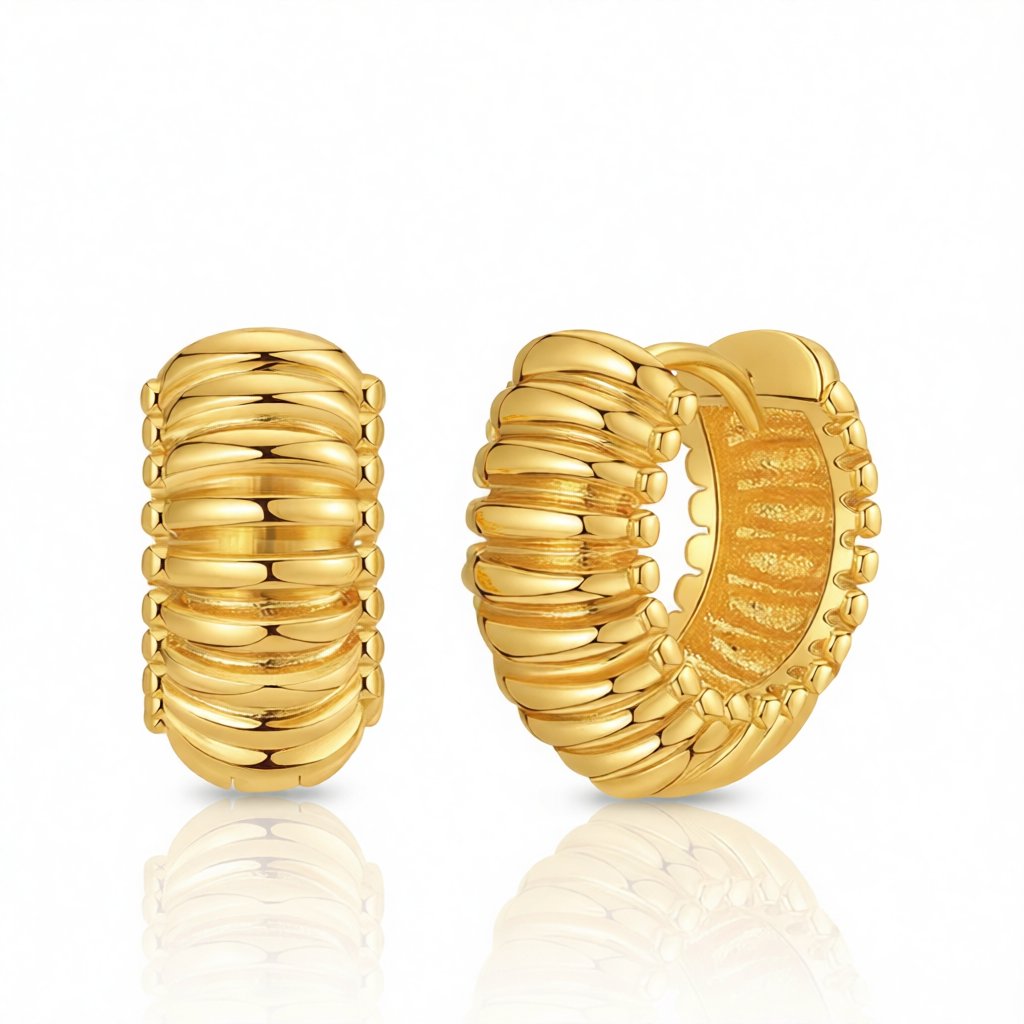 18K Gold-Plated Ribbed Huggie Earrings, gold huggie earrings, elegant gift for her, side view