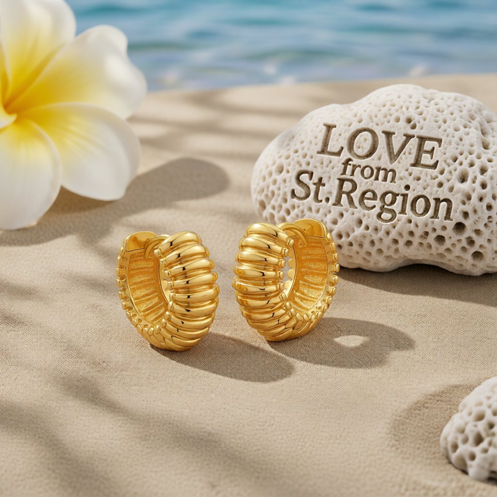 18K Gold-Plated Ribbed Huggie Earrings, gold huggie earrings, elegant gift for her, lifestyle look