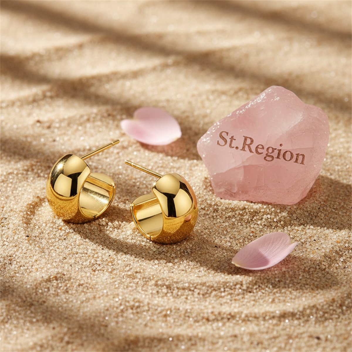 18K Gold-Plated Thick Huggie Earrings, gold huggie earrings, dainty minimalist design, detail close-up