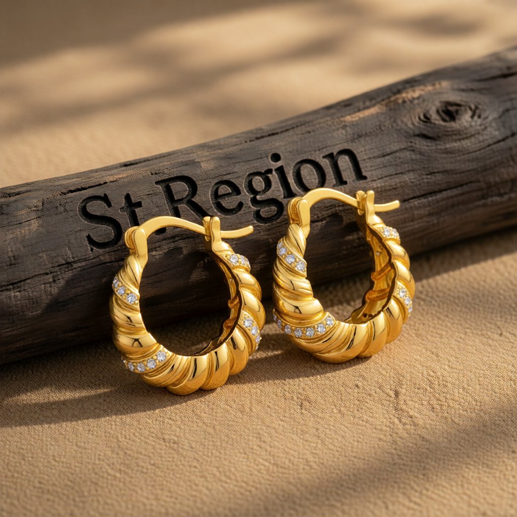 Cubic Zirconia and 18K Gold-Plated Wrapped Hoop Earrings, gold huggie earrings, botanical inspired, front view