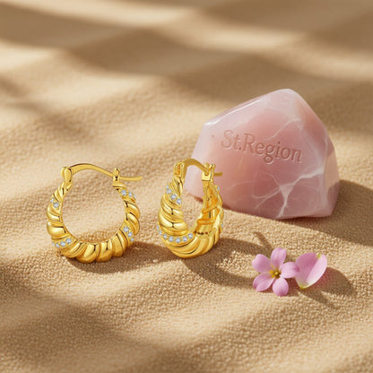 Cubic Zirconia and 18K Gold-Plated Wrapped Hoop Earrings, gold huggie earrings, botanical inspired, detail close-up