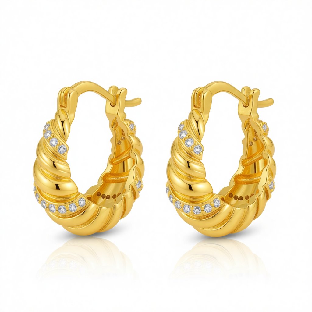 Cubic Zirconia and 18K Gold-Plated Wrapped Hoop Earrings, gold huggie earrings, botanical inspired, side view