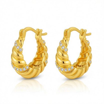 Cubic Zirconia and 18K Gold-Plated Wrapped Hoop Earrings, gold huggie earrings, botanical inspired, side view