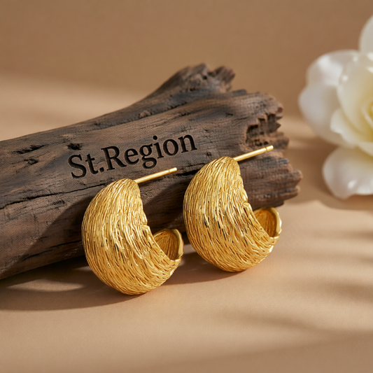 18K Gold-Plated Brushed Curved Round Stud Earrings