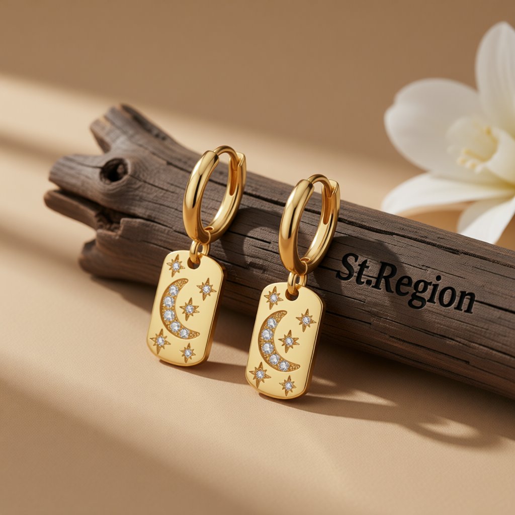 Cubic Zirconia and 18K Gold-Plated Celestial Rectangle Drop Earrings, gold drop earrings for women, front view