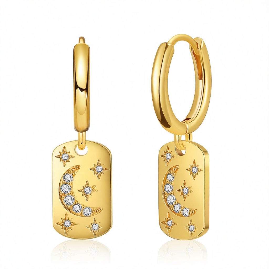 Cubic Zirconia and 18K Gold-Plated Celestial Rectangle Drop Earrings, gold drop earrings for women, side view