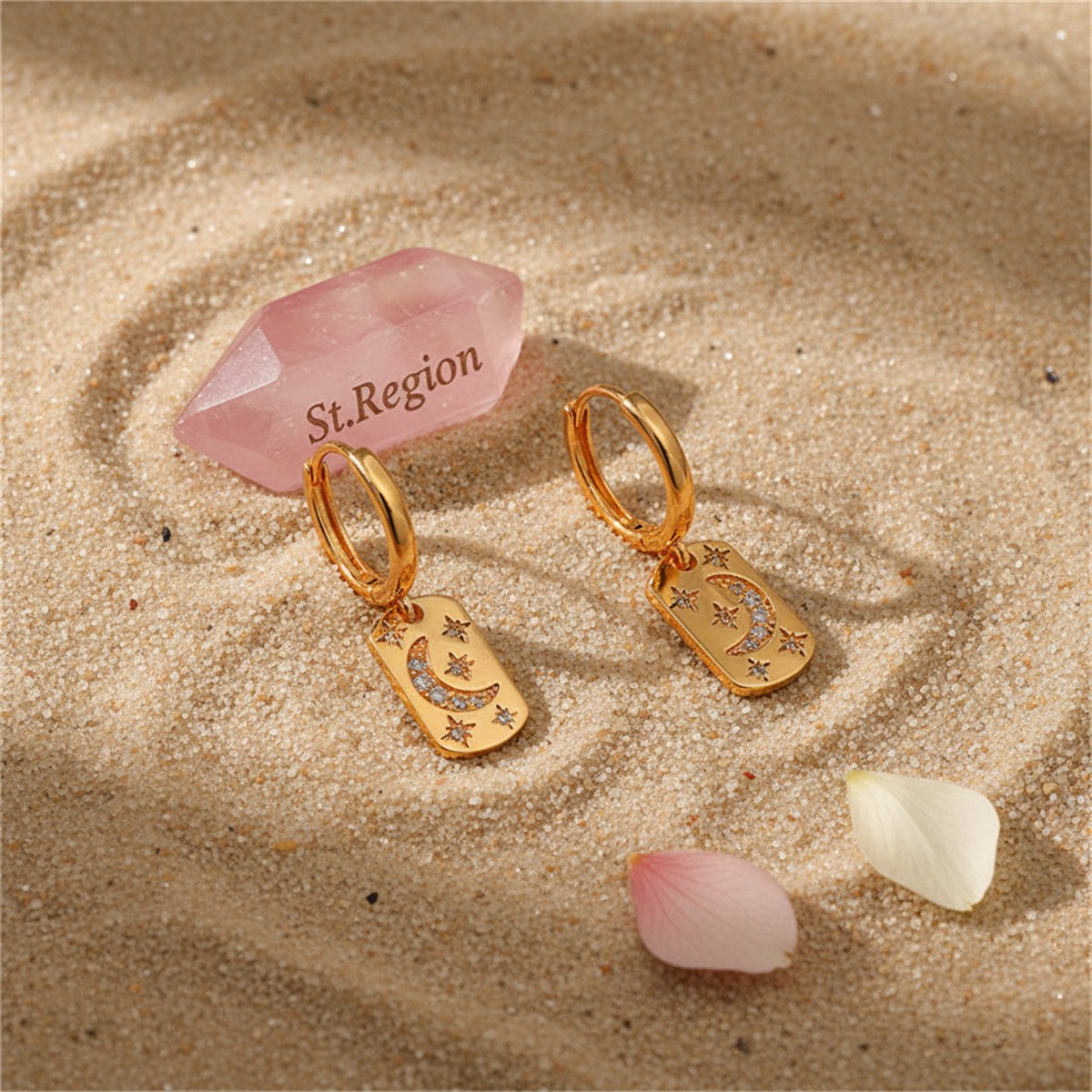 Cubic Zirconia and 18K Gold-Plated Celestial Rectangle Drop Earrings, gold drop earrings for women, detail close-up