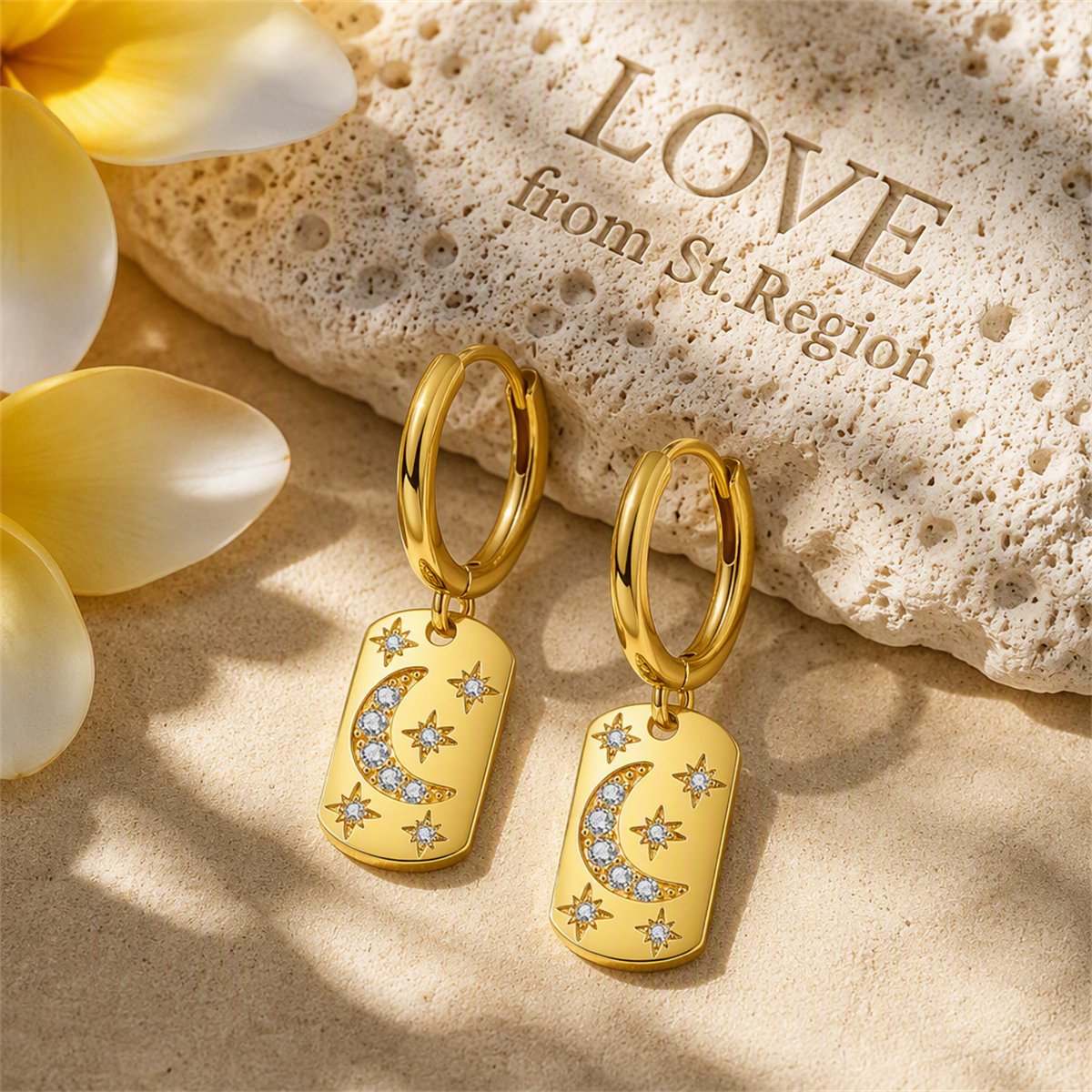 Cubic Zirconia and 18K Gold-Plated Celestial Rectangle Drop Earrings, gold drop earrings for women, lifestyle look