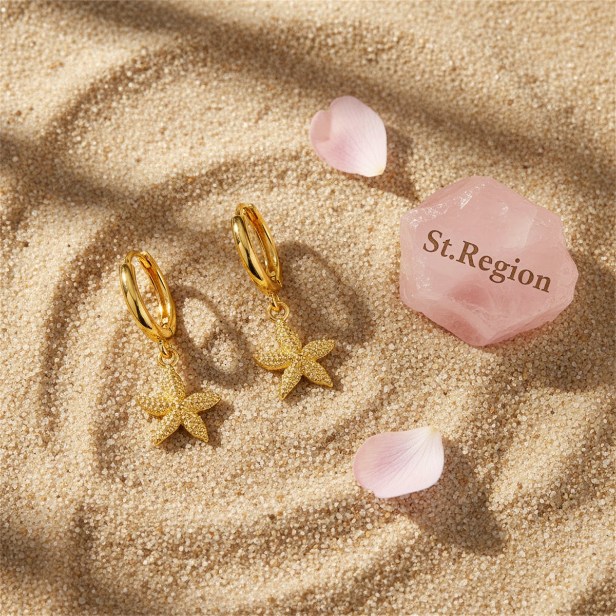 18K Gold-Plated Starfish Huggie Earrings, gold huggie earrings, botanical inspired, detail close-up