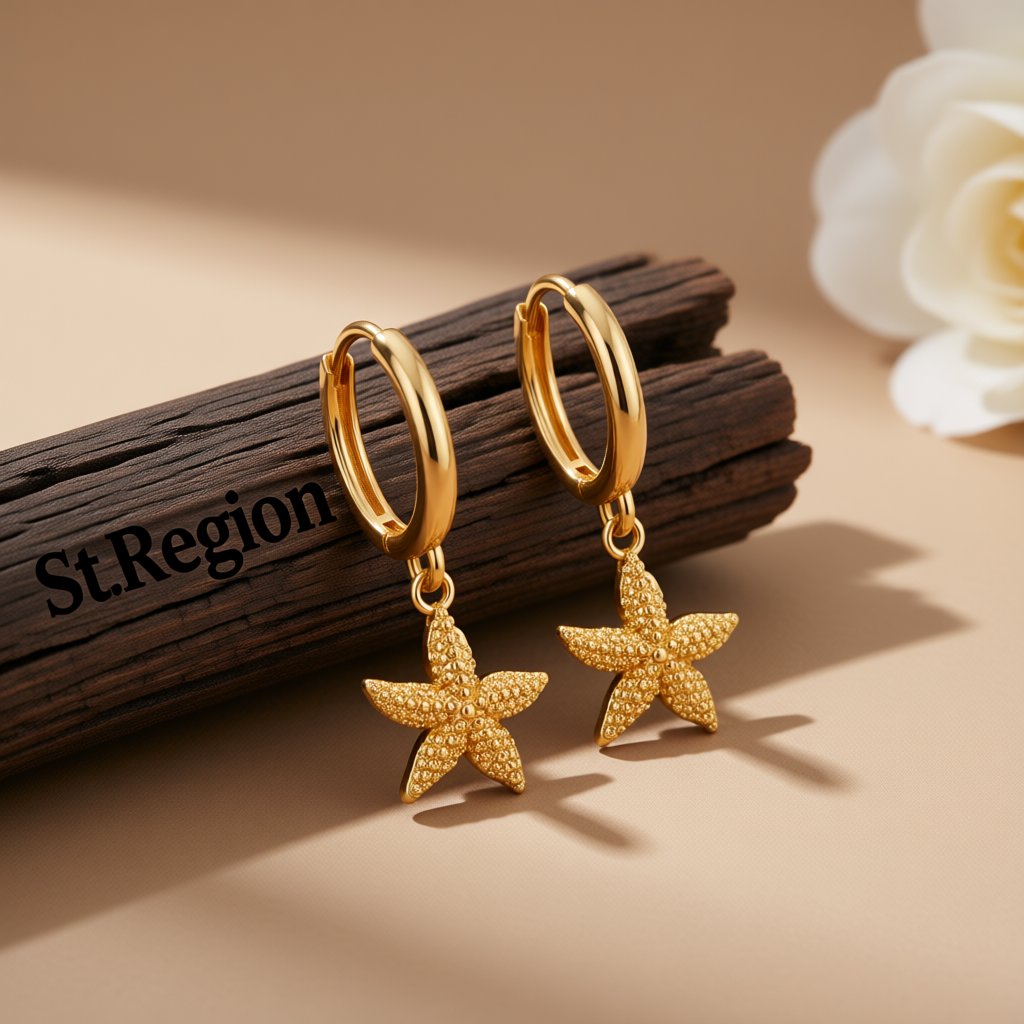 18K Gold-Plated Starfish Huggie Earrings, gold huggie earrings, botanical inspired, front view