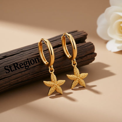 18K Gold-Plated Starfish Huggie Earrings, gold huggie earrings, botanical inspired, front view